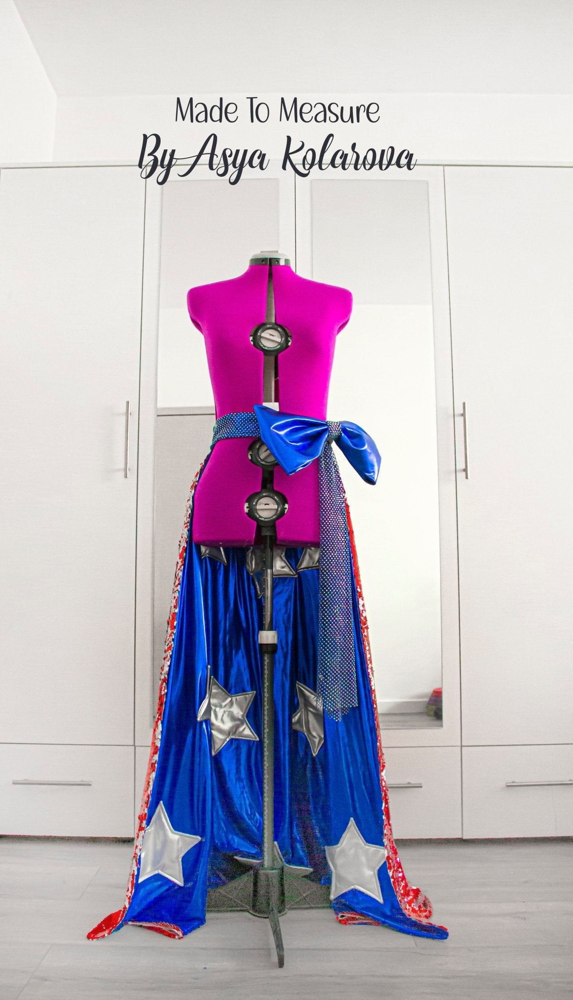 American Flag - Inspired Detachable Skirt with Reversible Sequins Metallic Stars and Sparkling Rhinestones Waistband Removable Skirt Big Bow Red White Blue - Made To Measure By Asya Kolarova