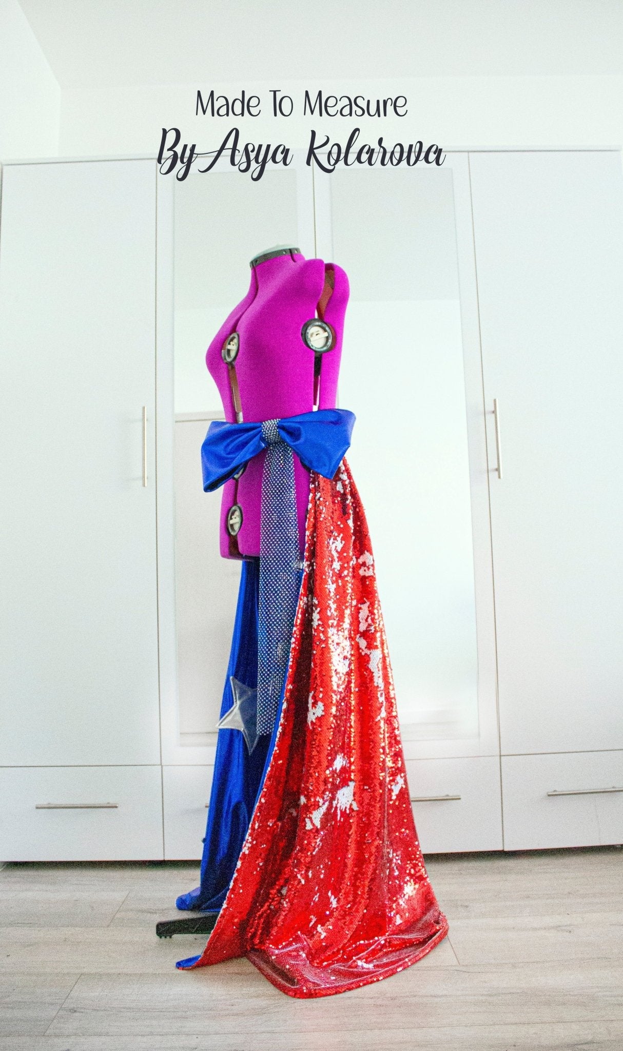 American Flag - Inspired Detachable Skirt with Reversible Sequins Metallic Stars and Sparkling Rhinestones Waistband Removable Skirt Big Bow Red White Blue - Made To Measure By Asya Kolarova