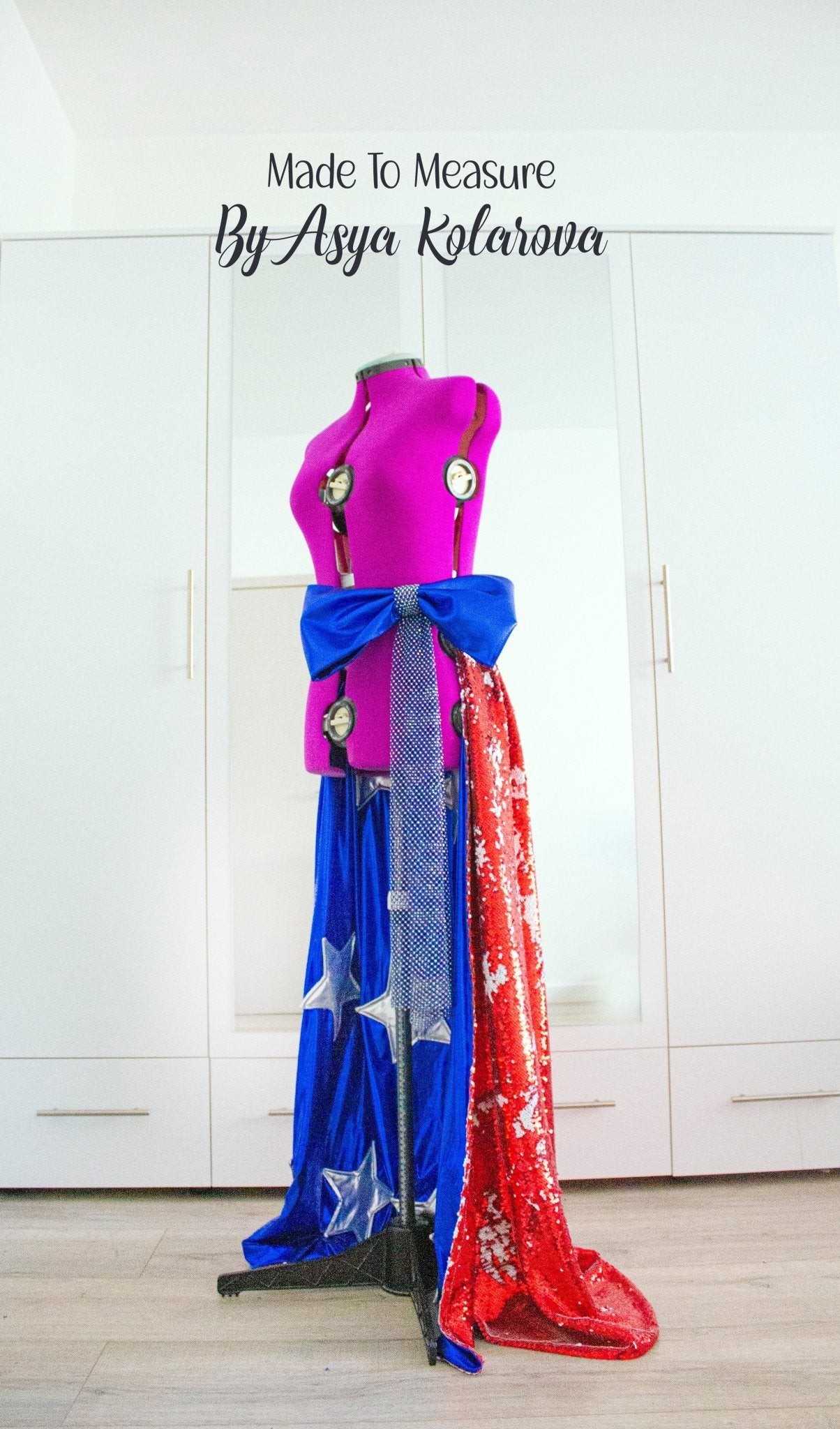 American Flag - Inspired Detachable Skirt with Reversible Sequins Metallic Stars and Sparkling Rhinestones Waistband Removable Skirt Big Bow Red White Blue - Made To Measure By Asya Kolarova