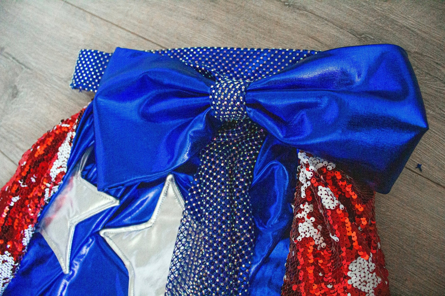 American Flag - Inspired Detachable Skirt with Reversible Sequins Metallic Stars and Sparkling Rhinestones Waistband Removable Skirt Big Bow Red White Blue - Made To Measure By Asya Kolarova
