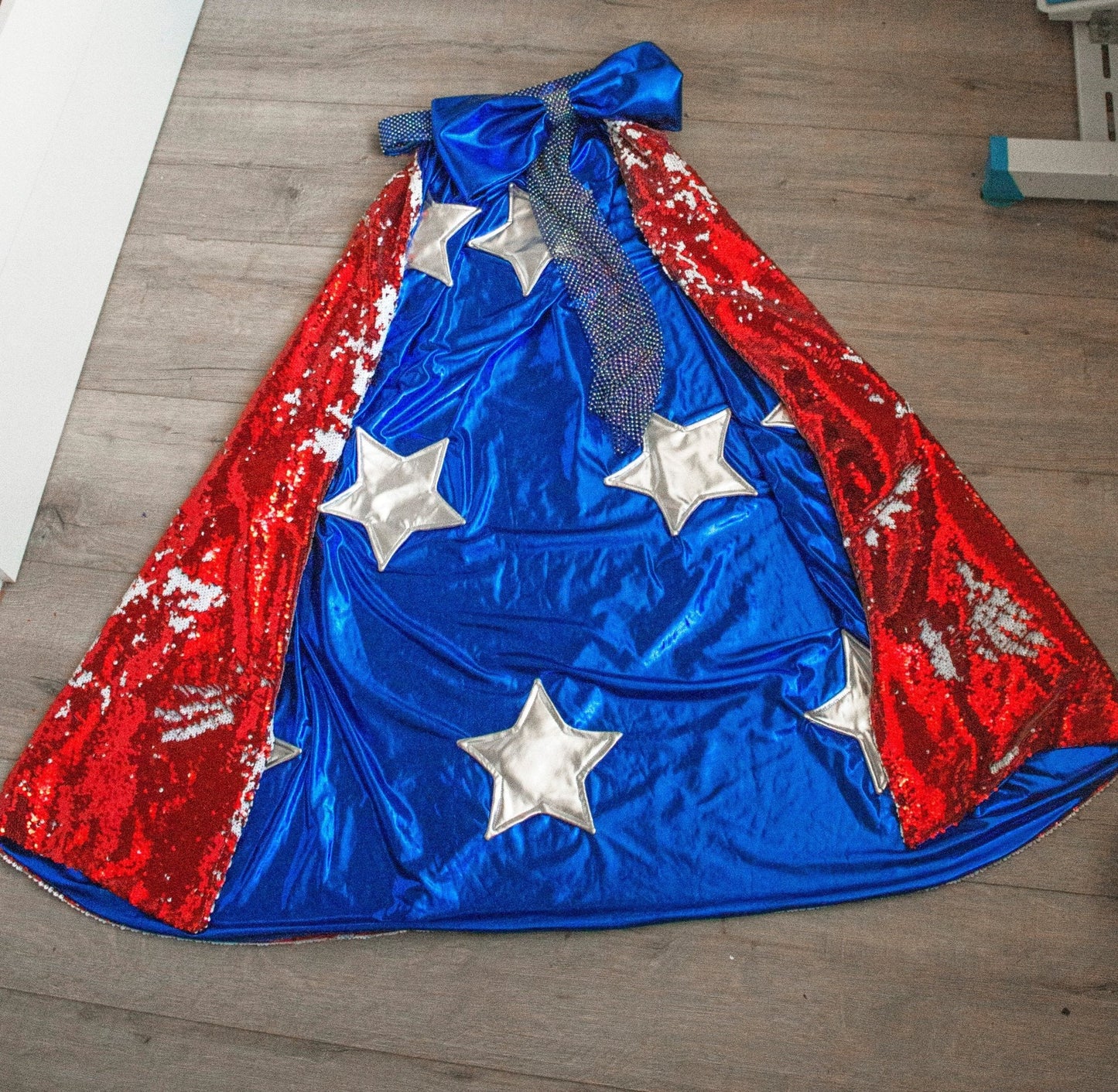 American Flag - Inspired Detachable Skirt with Reversible Sequins Metallic Stars and Sparkling Rhinestones Waistband Removable Skirt Big Bow Red White Blue - Made To Measure By Asya Kolarova