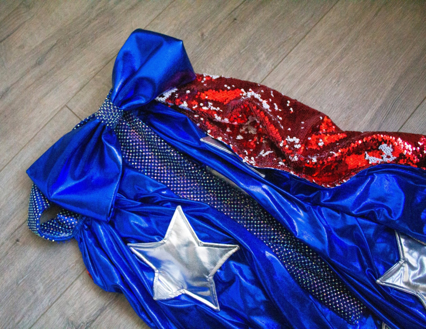 American Flag - Inspired Detachable Skirt with Reversible Sequins Metallic Stars and Sparkling Rhinestones Waistband Removable Skirt Big Bow Red White Blue - Made To Measure By Asya Kolarova