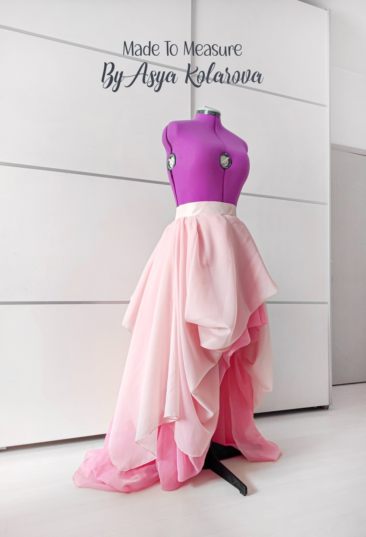 Asymmetrical Draped Skirt - Short Front, Long Back, Sheer Layers in Nude and Rose Pink with Lining Custom by Asya Kolarova - Made To Measure By Asya Kolarova