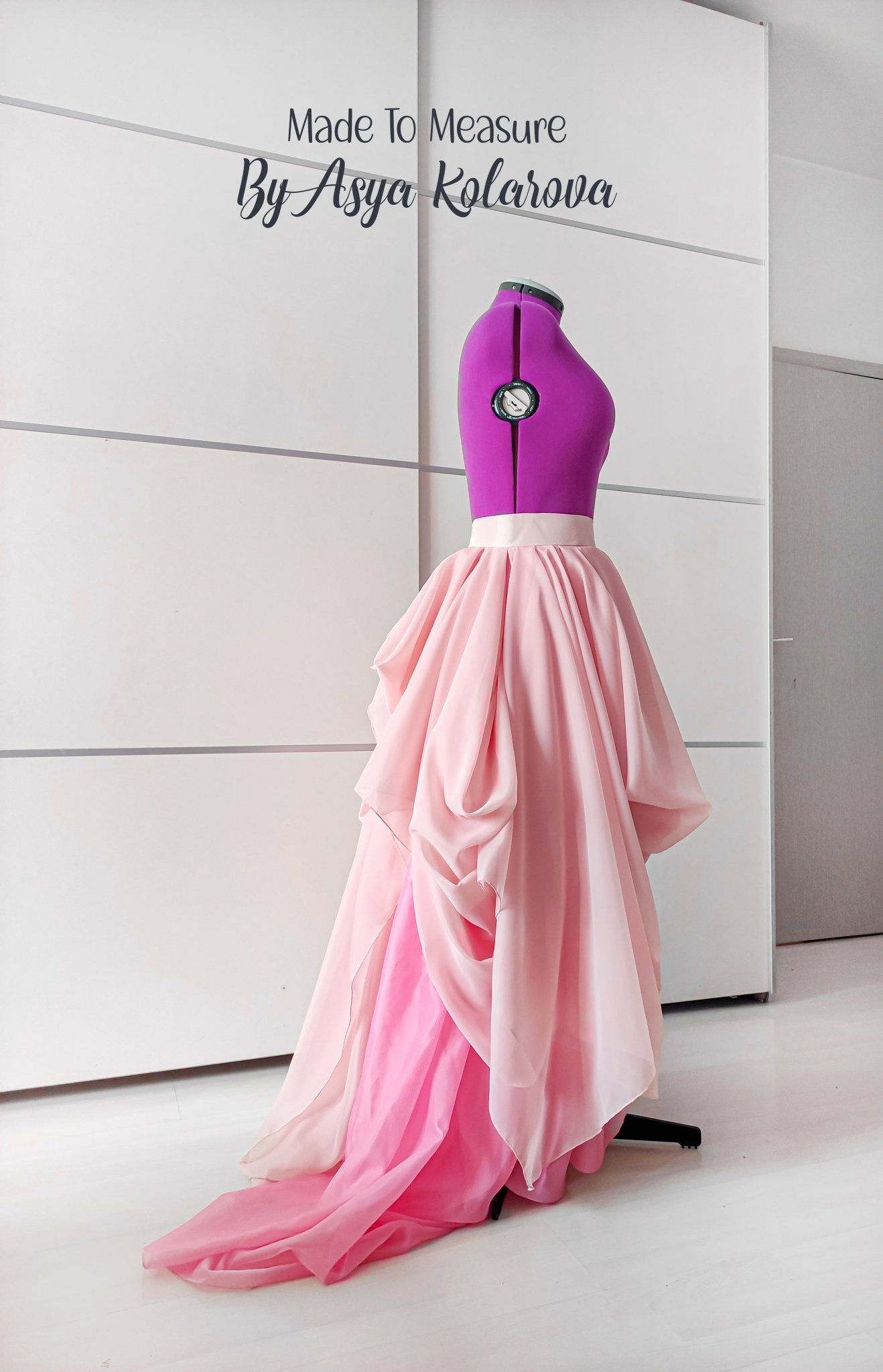 Asymmetrical Draped Skirt - Short Front, Long Back, Sheer Layers in Nude and Rose Pink with Lining Custom by Asya Kolarova - Made To Measure By Asya Kolarova