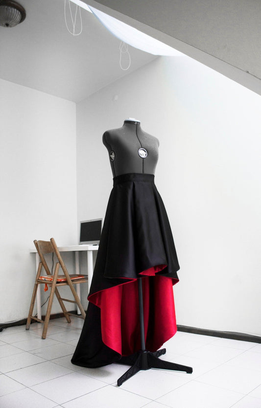 Black and Red High Low Satin Skirt • Formal Custom Skirt • Matte Ball Gown with Back Zipper • Unique Evening Skirt - Made To Measure Skirts By Asya Kolarova