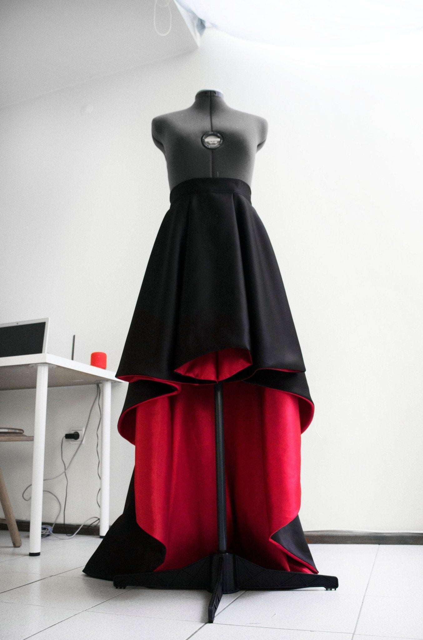 Black and Red High Low Satin Skirt • Formal Custom Skirt • Matte Ball Gown with Back Zipper • Unique Evening Skirt - Made To Measure Skirts By Asya Kolarova