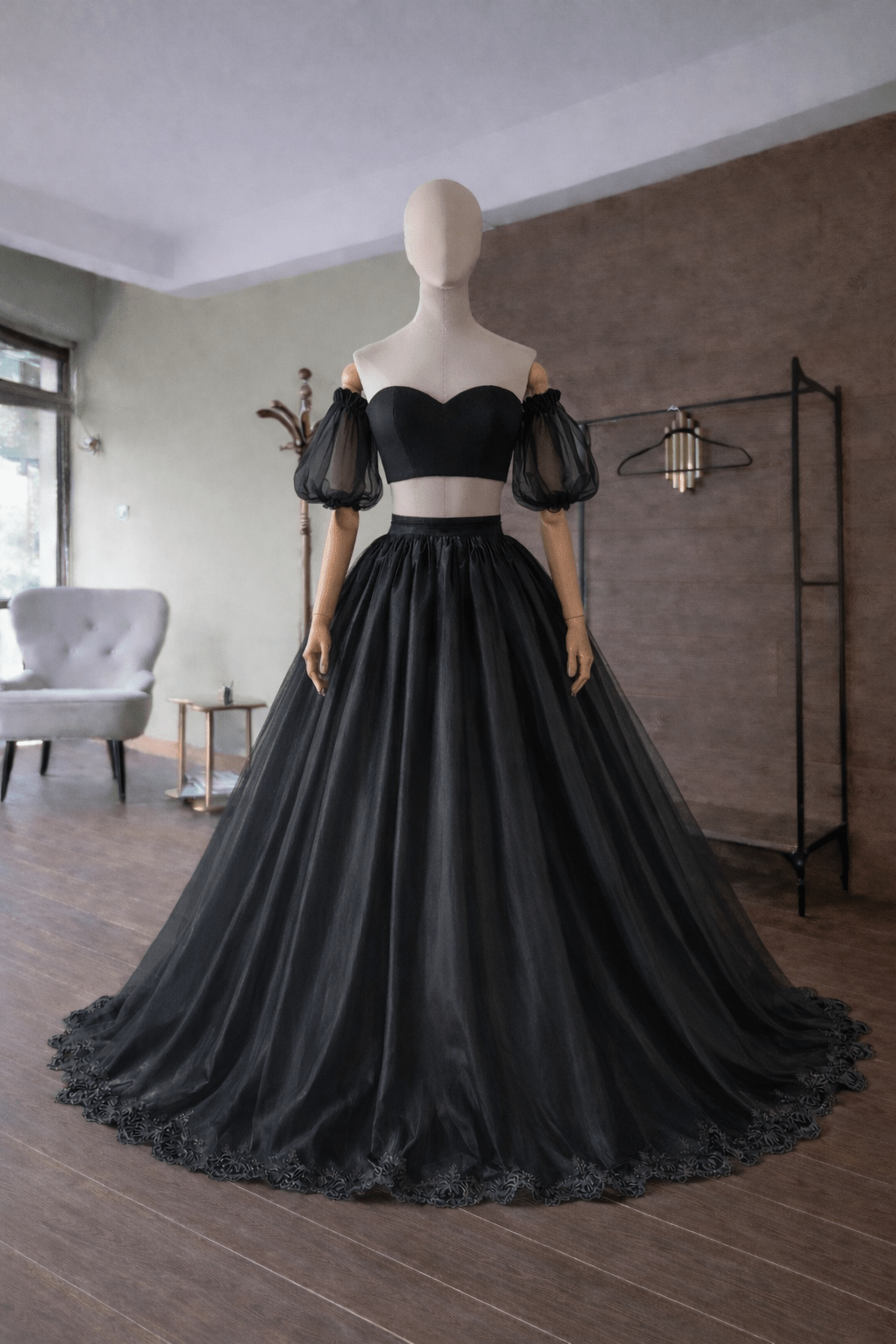 Black Organza Ball Gown Set – Satin Corset, Organza Skirt and Sleeves | Lace Decoration | Custom Made - By Asya Kolarova