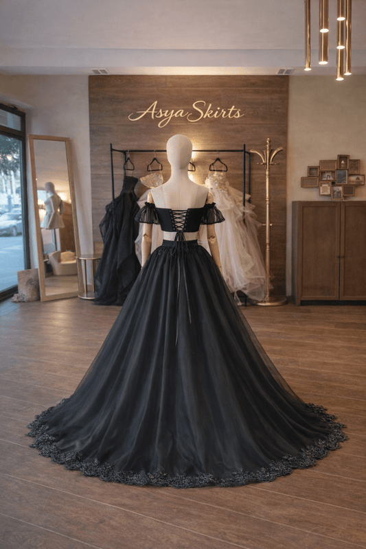 Black Organza Ball Gown Set – Satin Corset, Organza Skirt and Sleeves | Lace Decoration | Custom Made - By Asya Kolarova