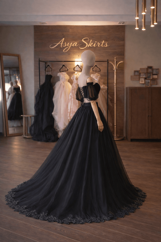 Black Organza Ball Gown Set – Satin Corset, Organza Skirt and Sleeves | Lace Decoration | Custom Made - By Asya Kolarova