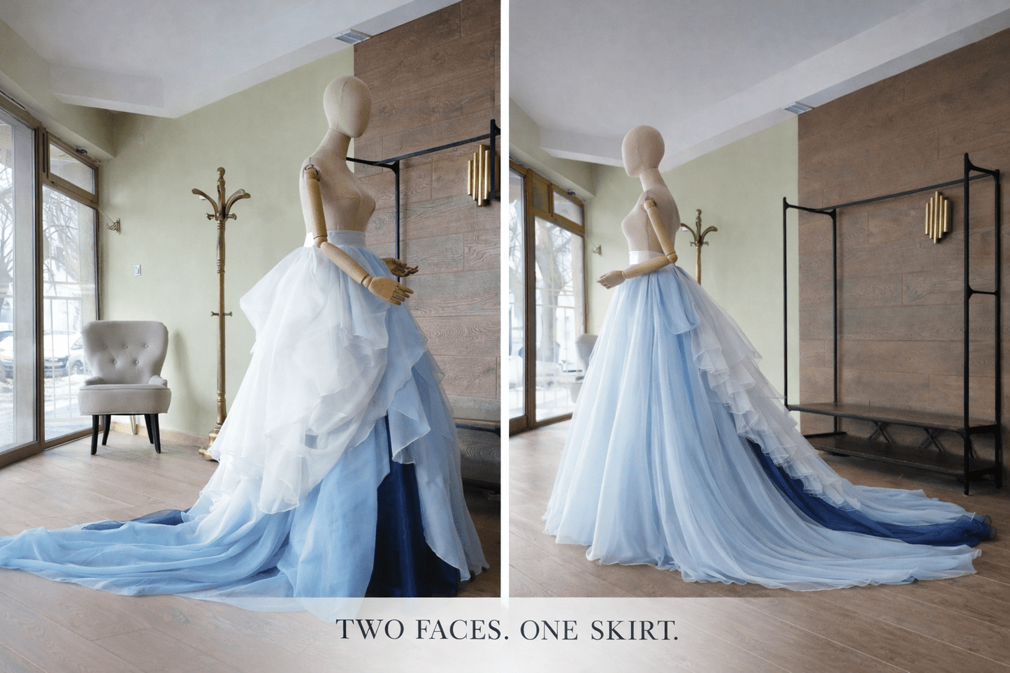 Blue Ombre Bridal Skirt with Train – Two Sided Voile Wedding Overskirt, Custom Made Couture Skirt - Asya Kolarova