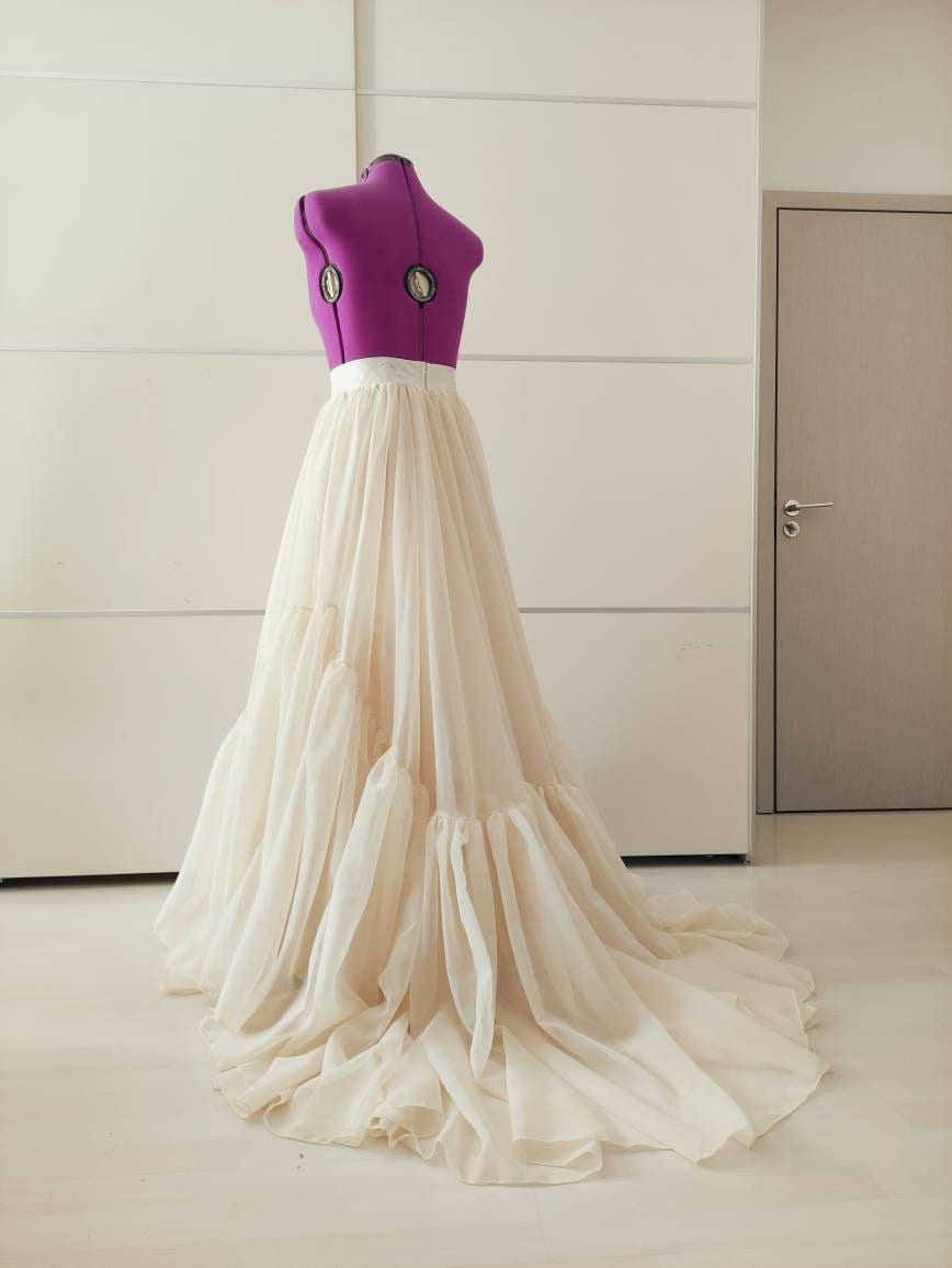 Cream Ruffle Wedding Skirt with Train – Flowy Bridal Skirt, Ceremony Dress Separate, Long Blush Skirt - Made To Measure Skirts By Asya Kolarova