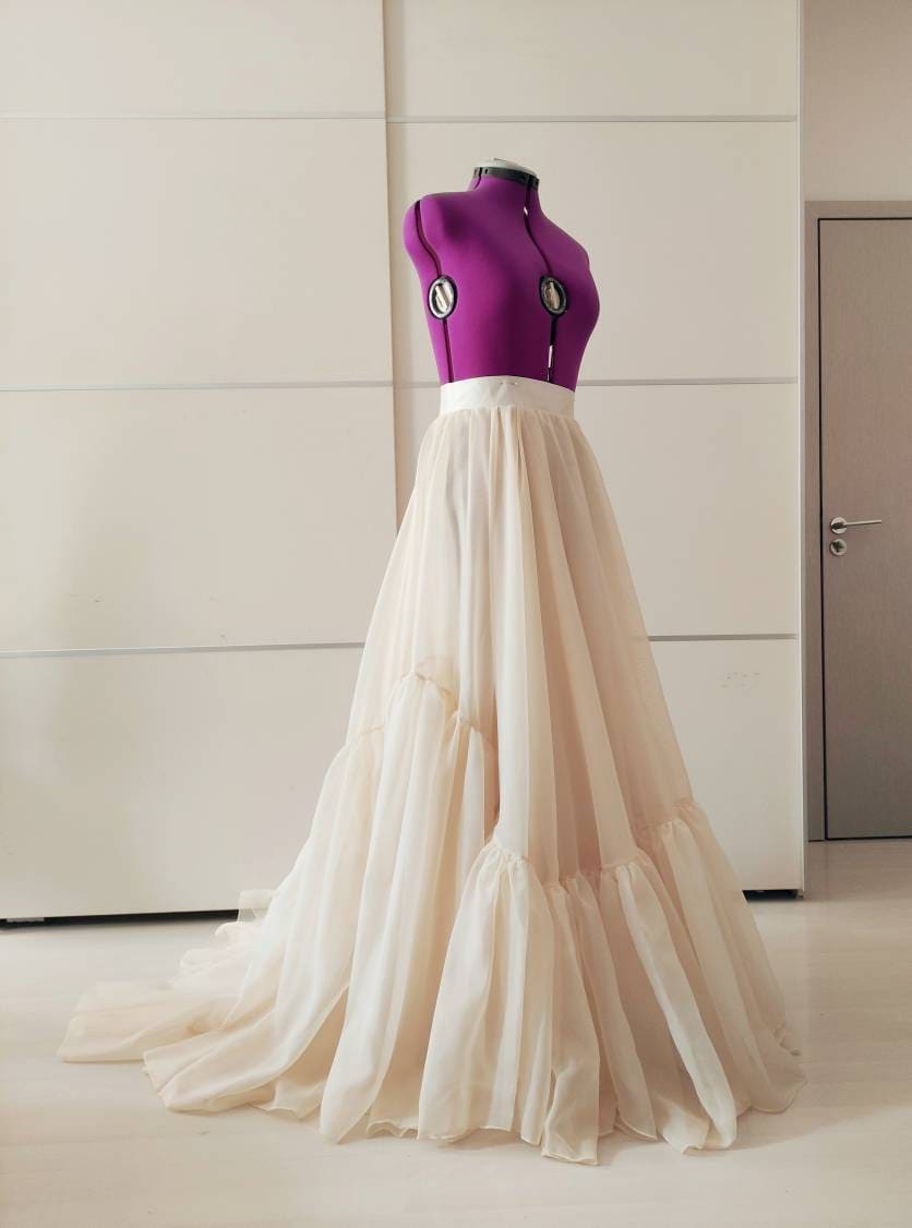 Cream Ruffle Wedding Skirt with Train – Flowy Bridal Skirt, Ceremony Dress Separate, Long Blush Skirt - Made To Measure Skirts By Asya Kolarova
