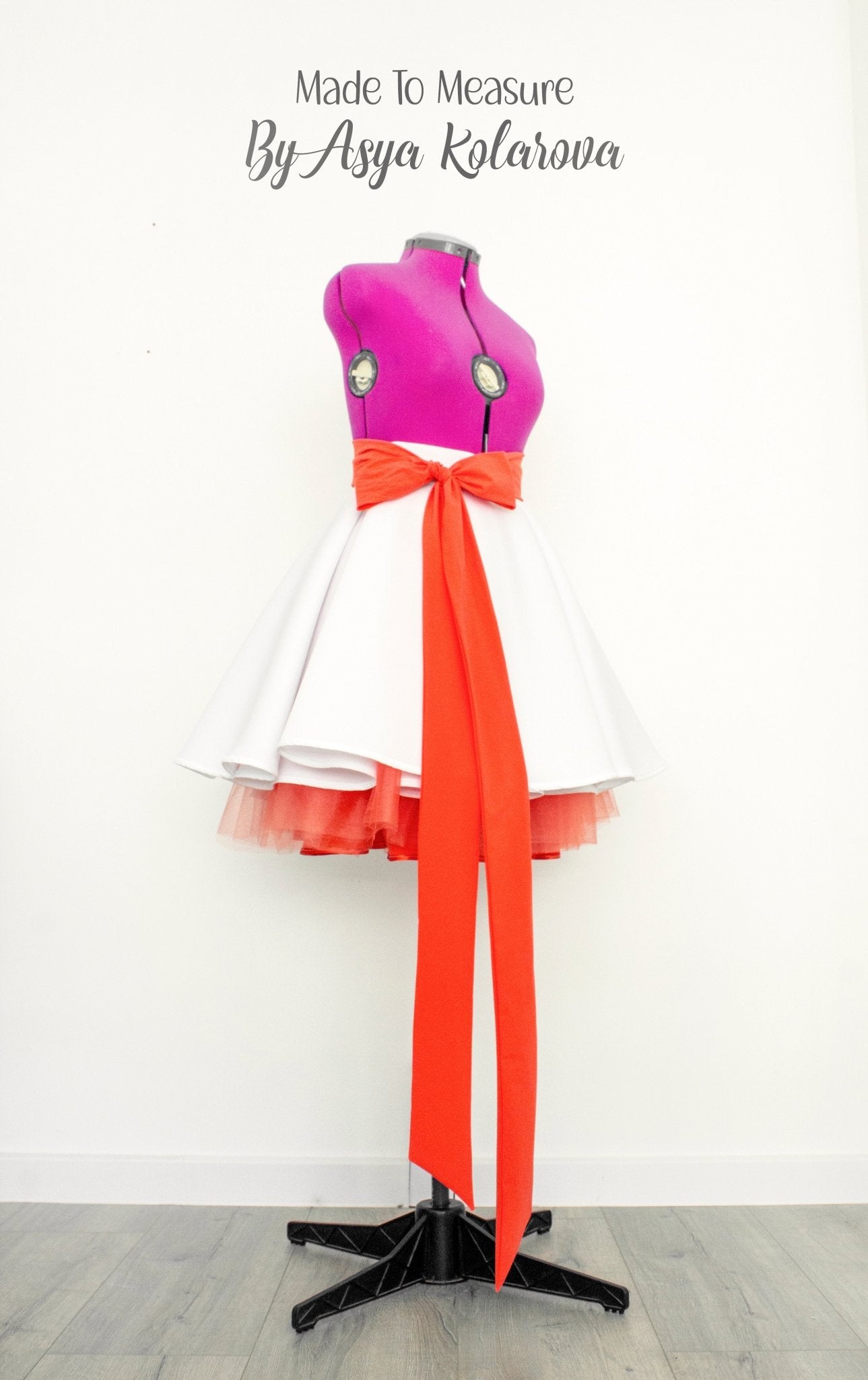Elegant Mid - Length White Neoprene Skirt with Pleated Waist and Orange Tulle Underskirt and Long Soft Tie Bow - Made To Measure By Asya Kolarova