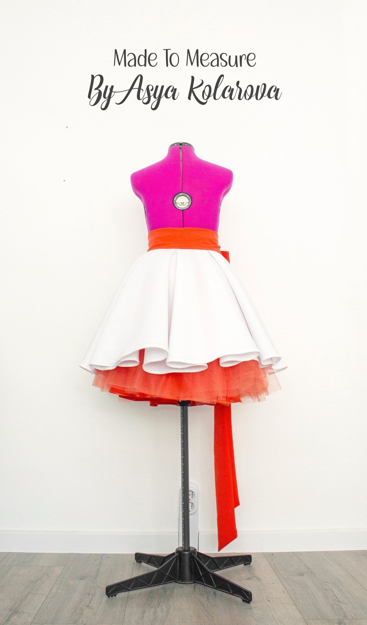 Elegant Mid - Length White Neoprene Skirt with Pleated Waist and Orange Tulle Underskirt and Long Soft Tie Bow - Made To Measure By Asya Kolarova