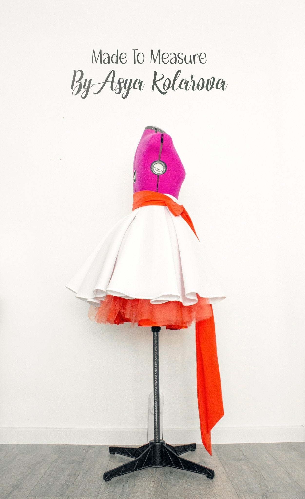 Elegant Mid - Length White Neoprene Skirt with Pleated Waist and Orange Tulle Underskirt and Long Soft Tie Bow - Made To Measure By Asya Kolarova