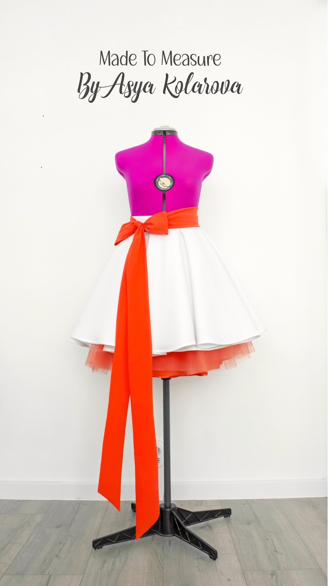 Elegant Mid - Length White Neoprene Skirt with Pleated Waist and Orange Tulle Underskirt and Long Soft Tie Bow - Made To Measure By Asya Kolarova