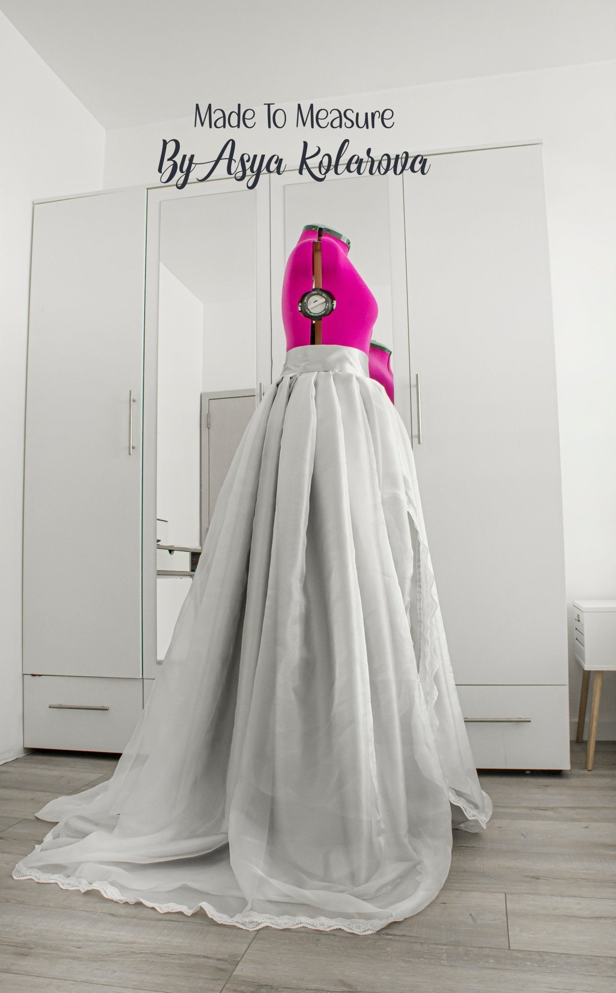 Elegant Wedding Skirt with Front Slit and Train – White Organza, Lace, and Silver Satin Bridal Skirt, Custom Colors Available - Made To Measure By Asya Kolarova
