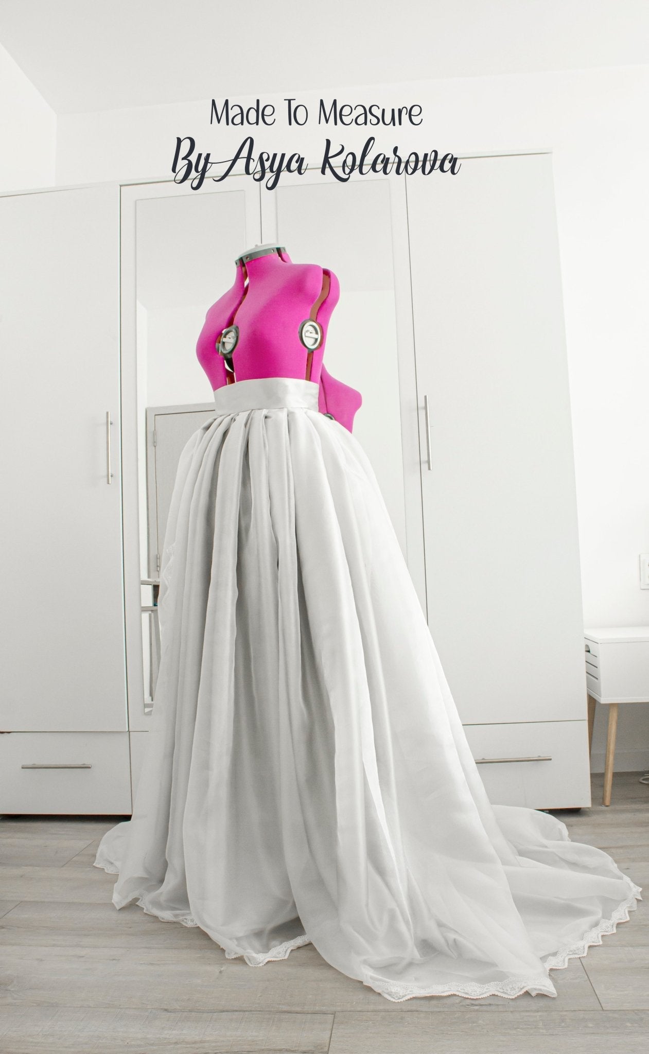 Elegant Wedding Skirt with Front Slit and Train – White Organza, Lace, and Silver Satin Bridal Skirt, Custom Colors Available - Made To Measure By Asya Kolarova