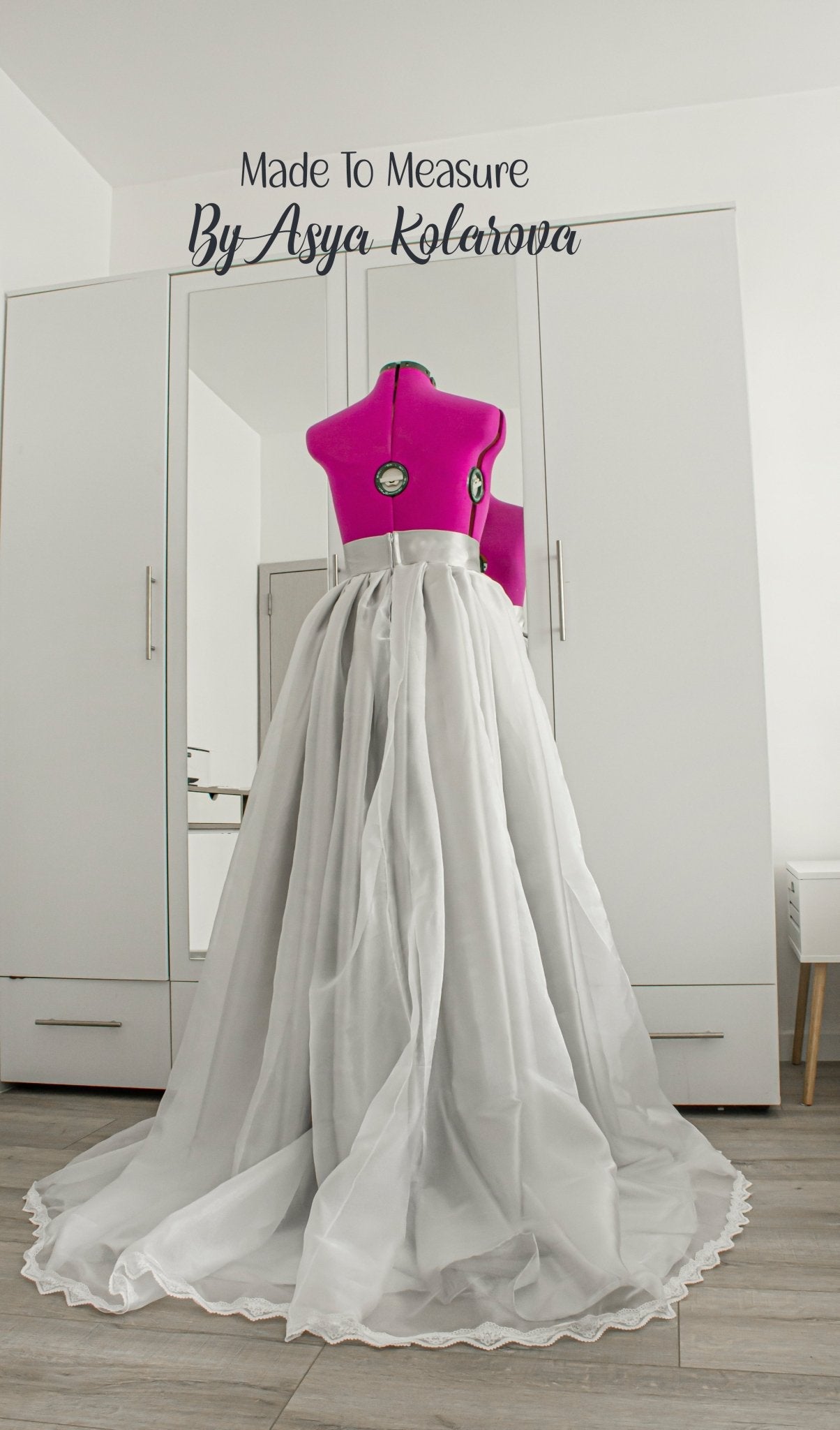 Elegant Wedding Skirt with Front Slit and Train – White Organza, Lace, and Silver Satin Bridal Skirt, Custom Colors Available - Made To Measure By Asya Kolarova