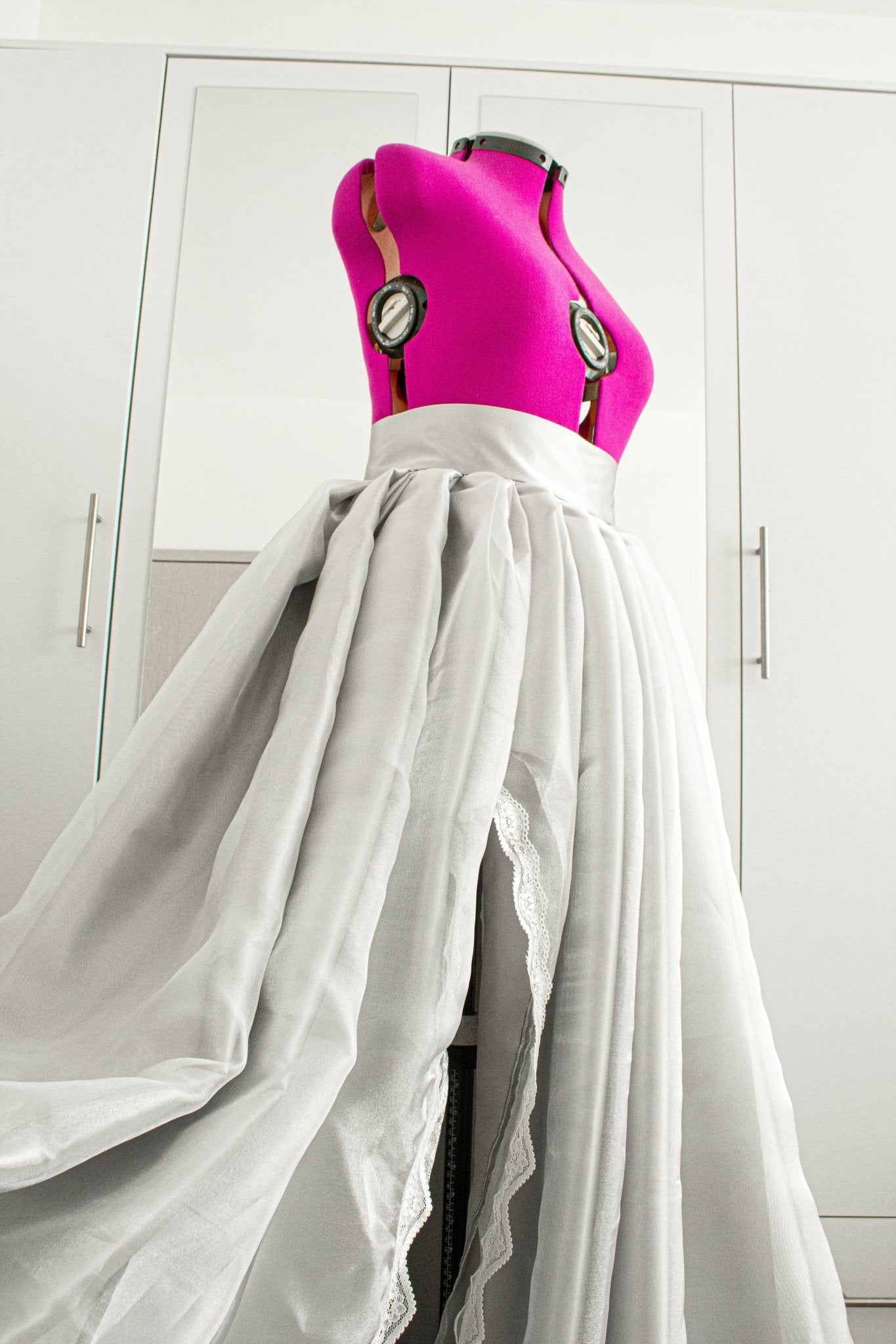 Elegant Wedding Skirt with Front Slit and Train – White Organza, Lace, and Silver Satin Bridal Skirt, Custom Colors Available - Made To Measure By Asya Kolarova