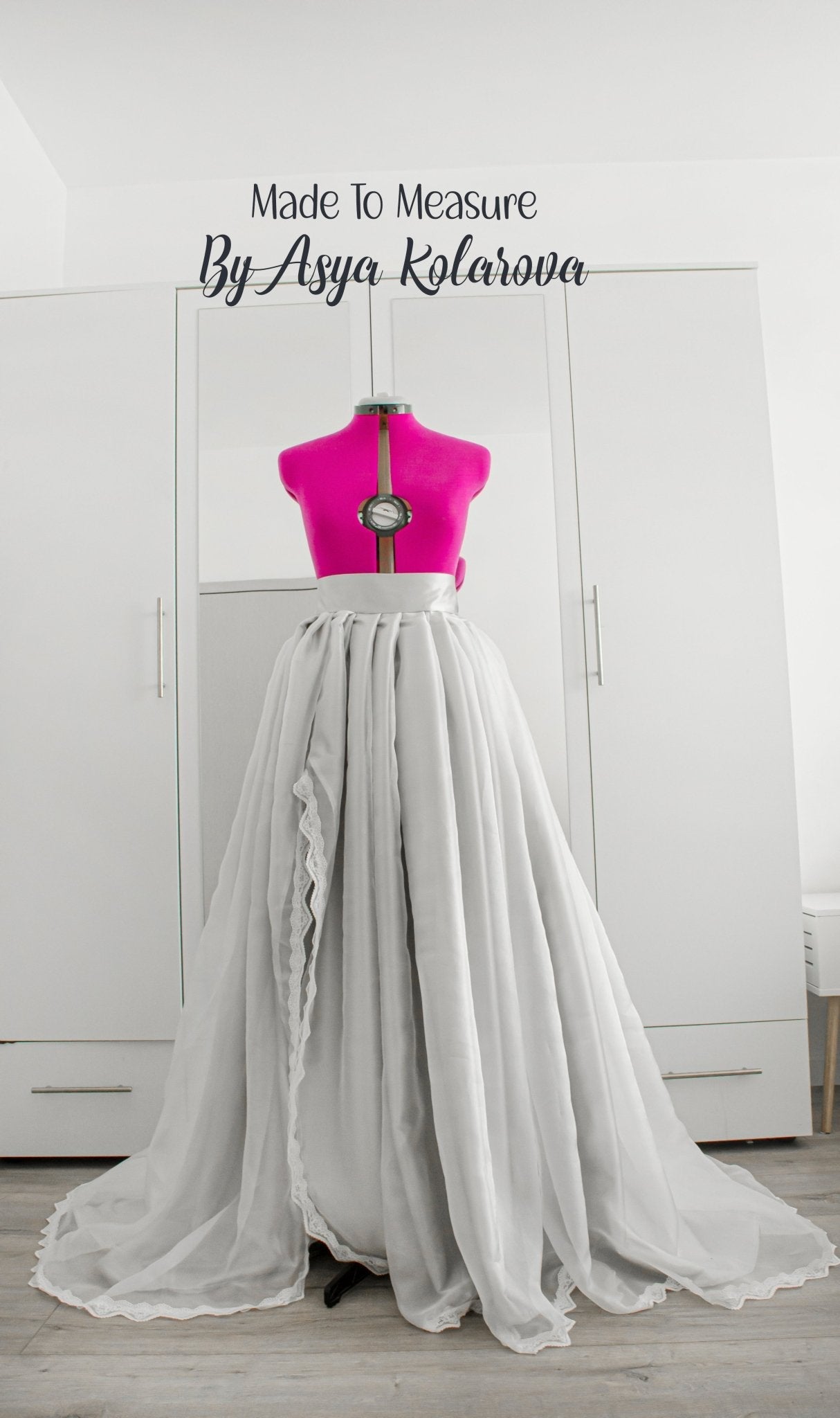 Elegant Wedding Skirt with Front Slit and Train – White Organza, Lace, and Silver Satin Bridal Skirt, Custom Colors Available - Made To Measure By Asya Kolarova