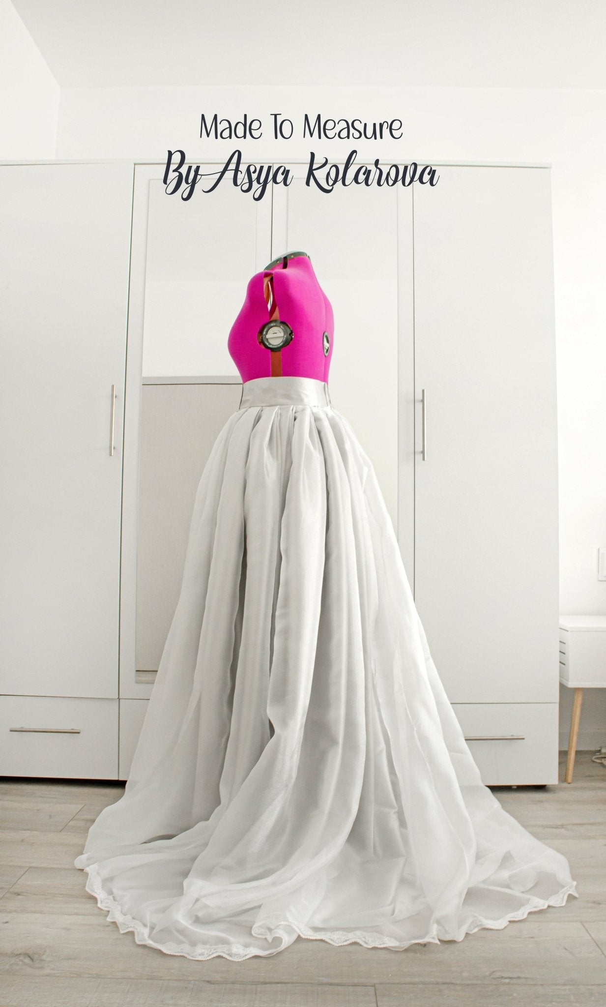 Elegant Wedding Skirt with Front Slit and Train – White Organza, Lace, and Silver Satin Bridal Skirt, Custom Colors Available - Made To Measure By Asya Kolarova