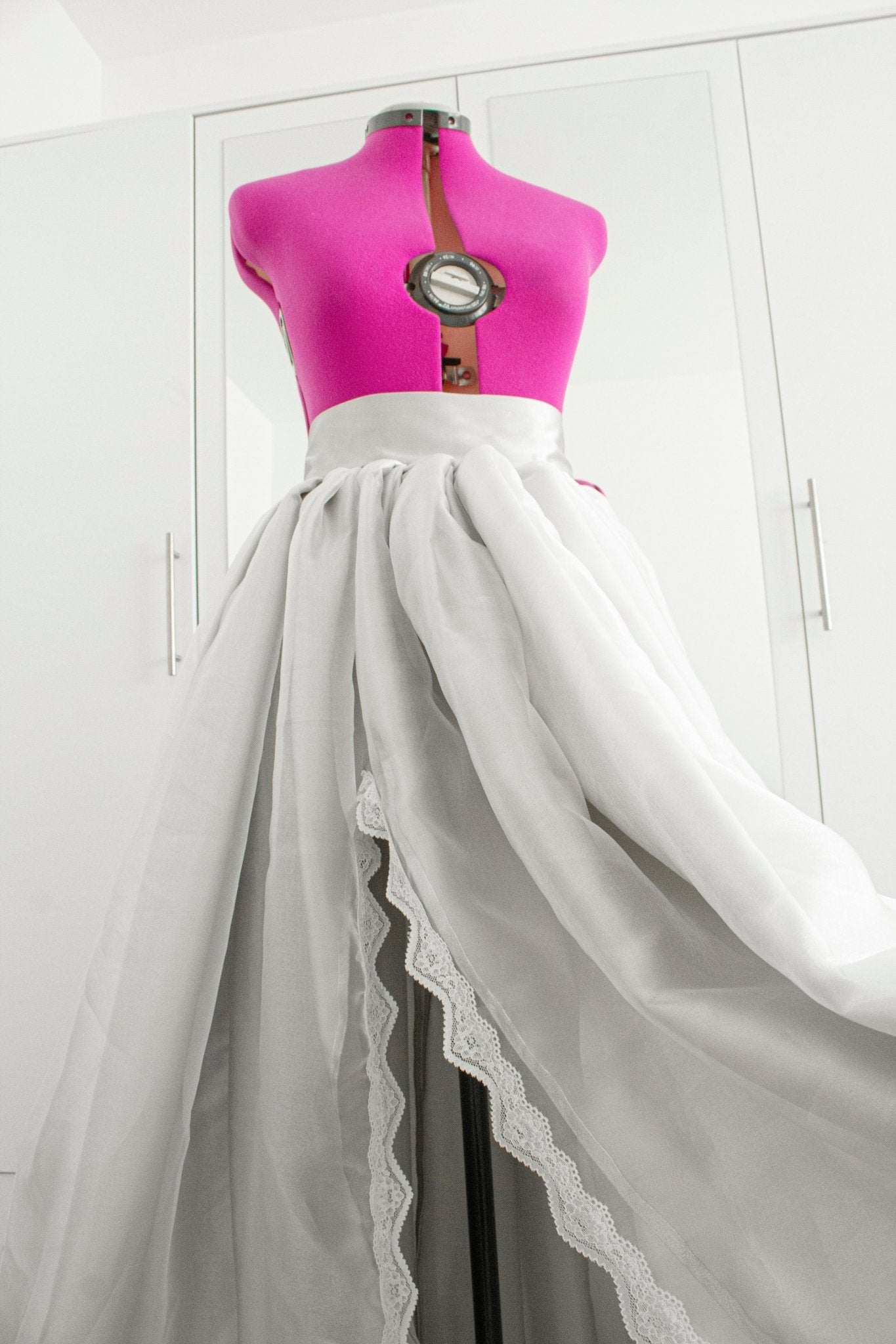 Elegant Wedding Skirt with Front Slit and Train – White Organza, Lace, and Silver Satin Bridal Skirt, Custom Colors Available - Made To Measure By Asya Kolarova