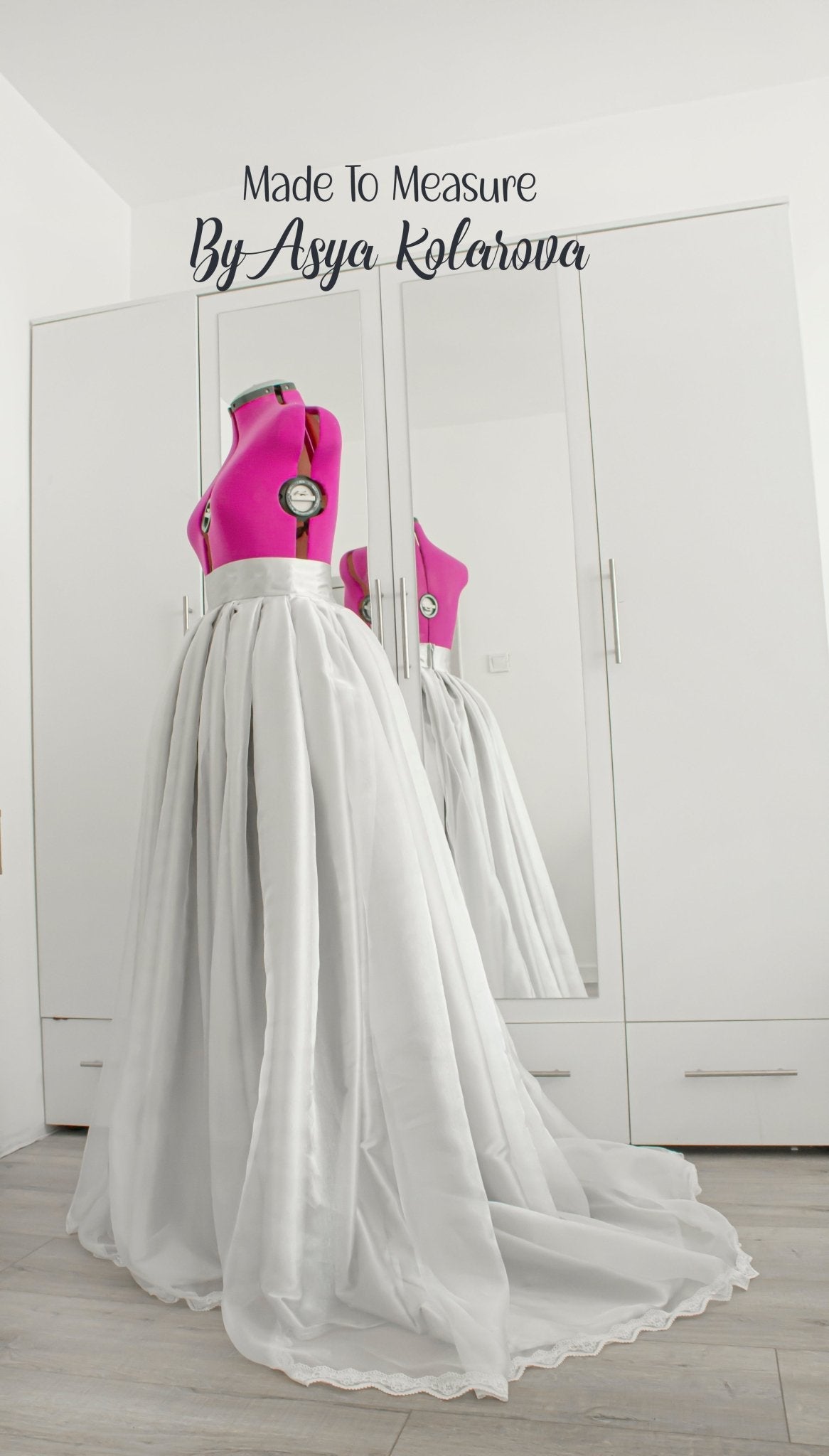 Elegant Wedding Skirt with Front Slit and Train – White Organza, Lace, and Silver Satin Bridal Skirt, Custom Colors Available - Made To Measure By Asya Kolarova