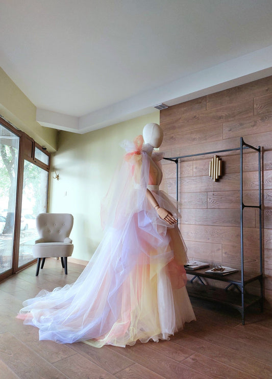 Fairy Pastel Skirt Custom Ombre Tulle Skirt with Train, Multilayer Draped Skirt for Wedding, Prom, Photoshoot – Handmade by Asya Kolarova - Made To Measure Skirts By Asya Kolarova