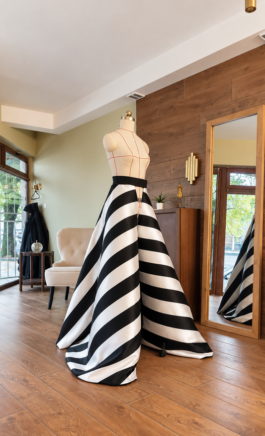 Luxury Designer Mikado Overskirt – Black & White Striped Detachable Ball Gown Skirt, Dramatic Formal Evening Overskirt