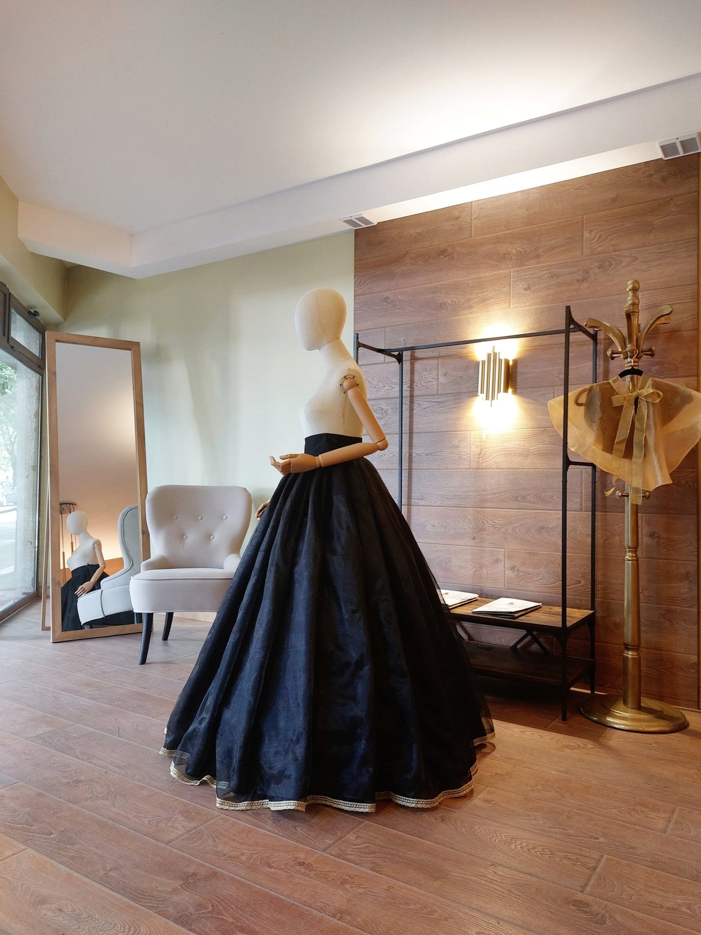 Gothic Ball Skirt Black Princess Skirt in Satin & Organza – Dramatic Cosplay Ball Gown with Gold Lace Trim - Made To Measure Skirts By Asya Kolarova