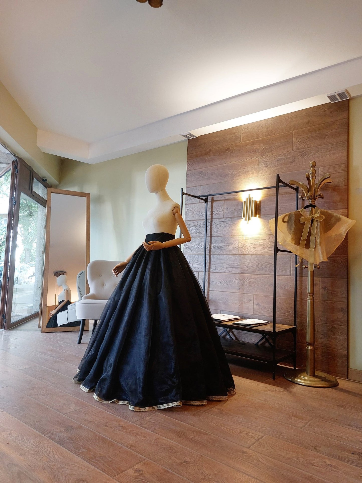 Gothic Ball Skirt Black Princess Skirt in Satin & Organza – Dramatic Cosplay Ball Gown with Gold Lace Trim - Made To Measure Skirts By Asya Kolarova