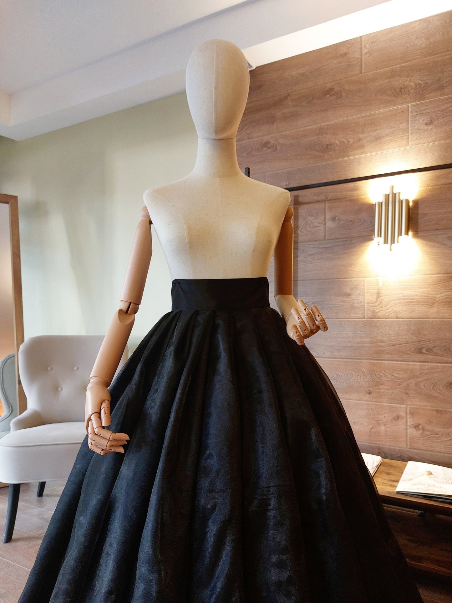 Gothic Ball Skirt Black Princess Skirt in Satin & Organza – Dramatic Cosplay Ball Gown with Gold Lace Trim - Made To Measure Skirts By Asya Kolarova