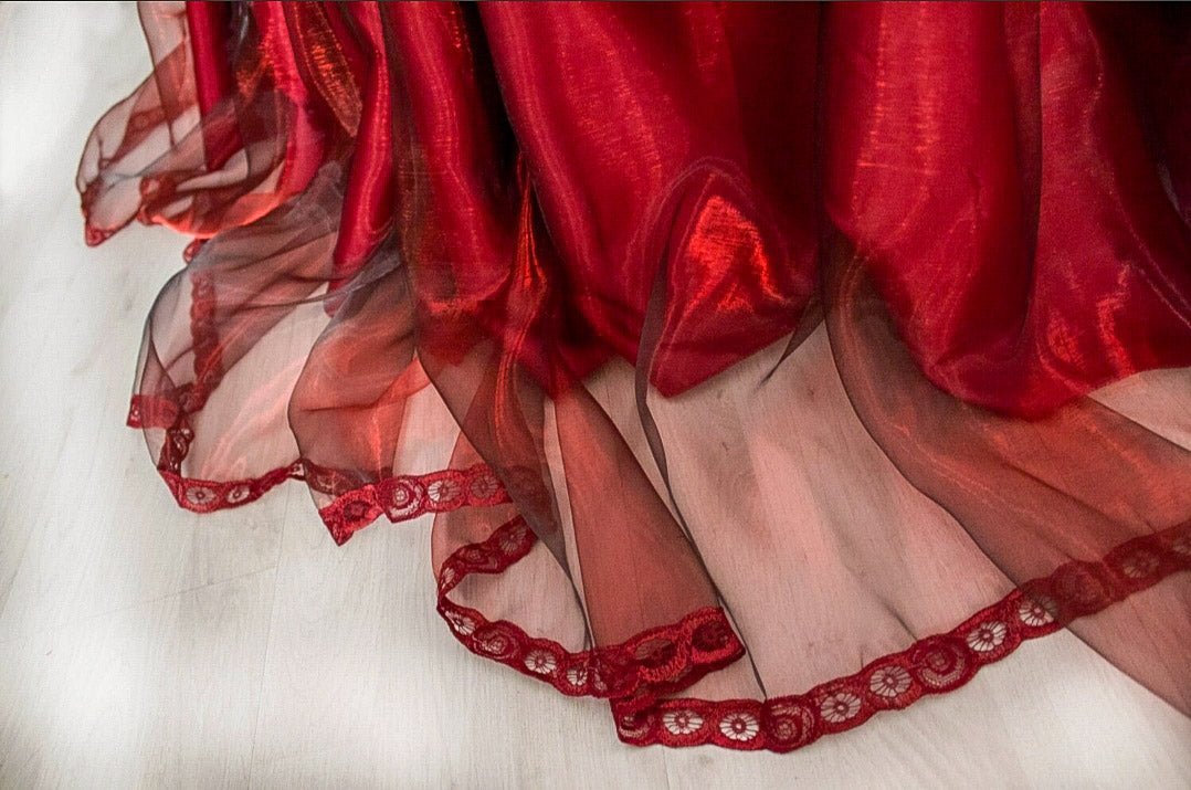 Handmade Dark Red Burgundy Ball Gown Skirt - Organza and Satin Layers, Pleats, Lace Trim - Made - to - Measure Elegance" - Made To Measure By Asya Kolarova