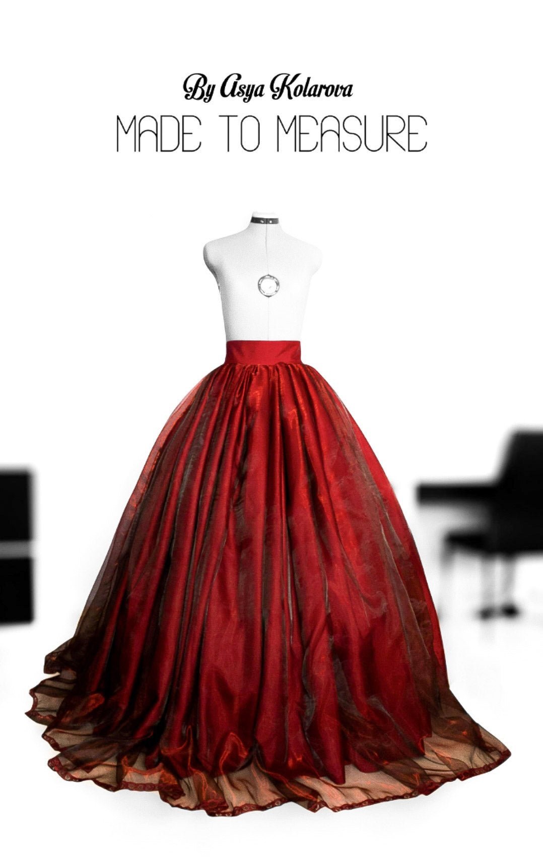 Handmade Dark Red Burgundy Ball Gown Skirt - Organza and Satin Layers, Pleats, Lace Trim - Made - to - Measure Elegance" - Made To Measure By Asya Kolarova