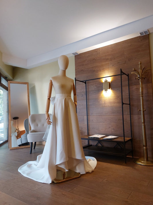 High - Low Bridal Skirt with Train, Big Bow and Pockets: Matte Satin Wedding Gown Separate - Made To Measure Skirts By Asya Kolarova