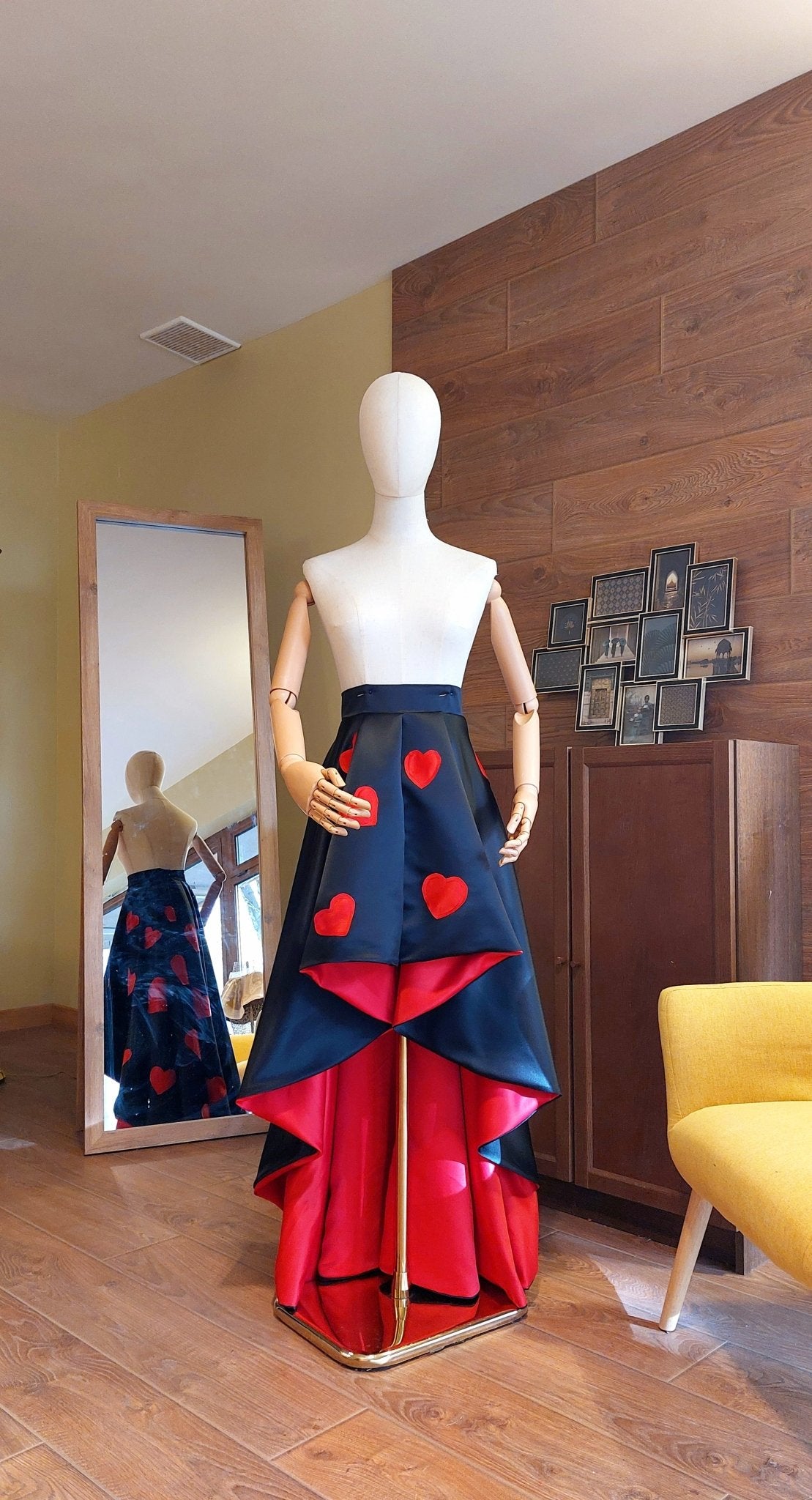 High - Low Satin Skirt: Red Hearts, Custom Made Formal Gown - Made To Measure Skirts By Asya Kolarova