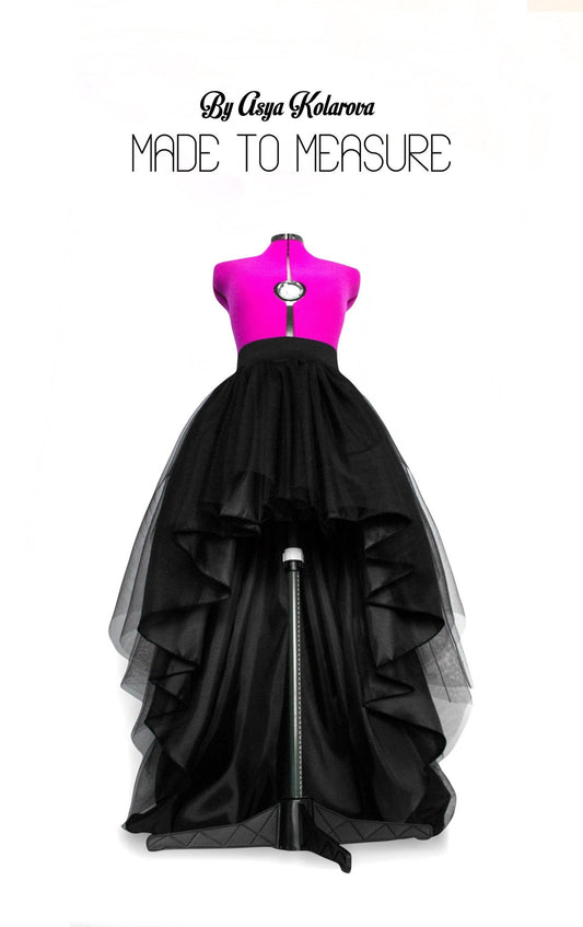 High Low Tulle Skirt – Full Maxi Ball Gown – Long Black Tulle & Satin Skirt – Asymmetrical Prom or Wedding Skirt – High Waist Formal Skirt - Made To Measure Skirts By Asya Kolarova