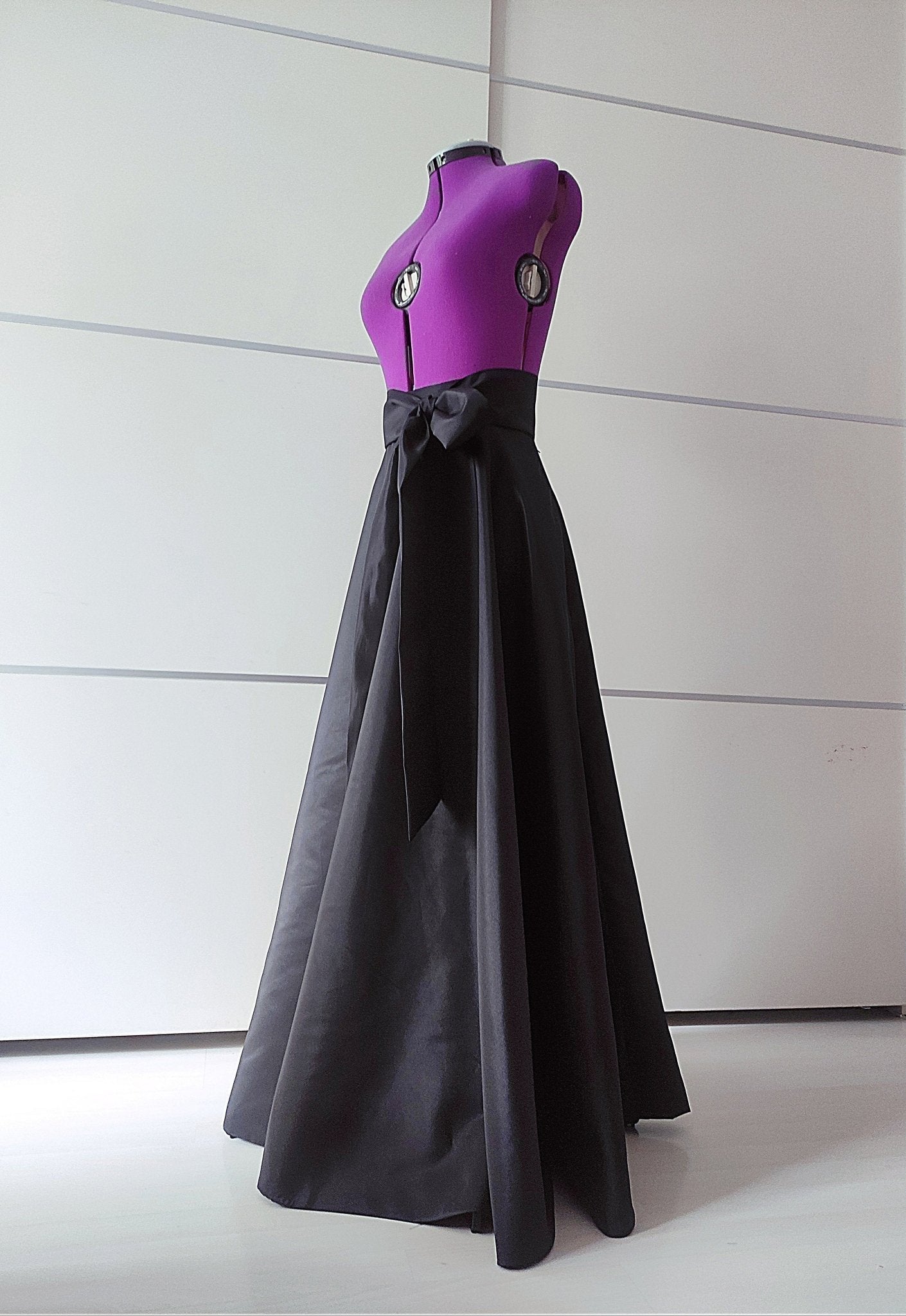Long Black Taffeta Skirt: A - Line, Floor - Length, with Pockets and Soft Tie Bow Made - to - measure - Made To Measure By Asya Kolarova