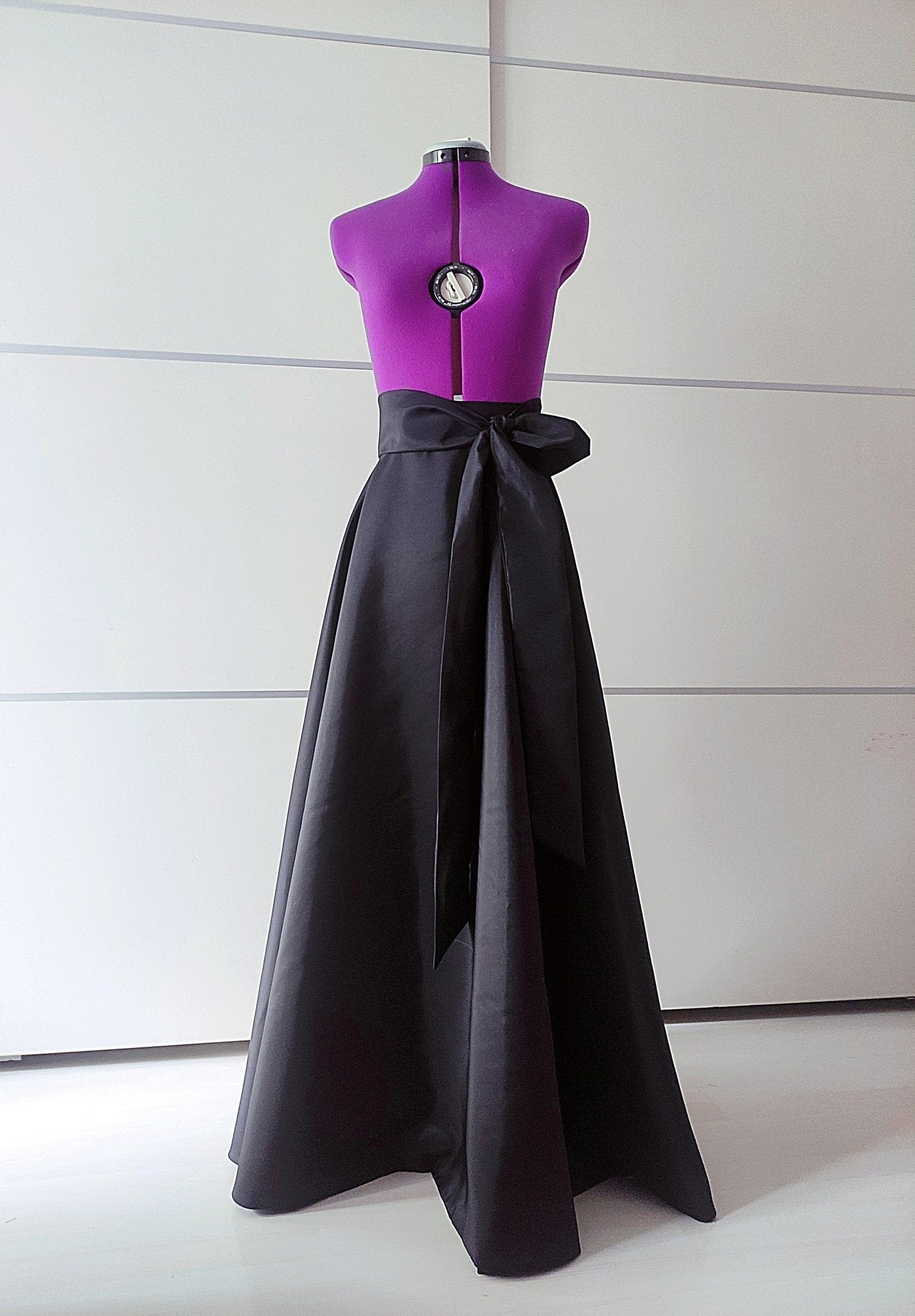 Long Black Taffeta Skirt: A - Line, Floor - Length, with Pockets and Soft Tie Bow Made - to - measure - Made To Measure By Asya Kolarova