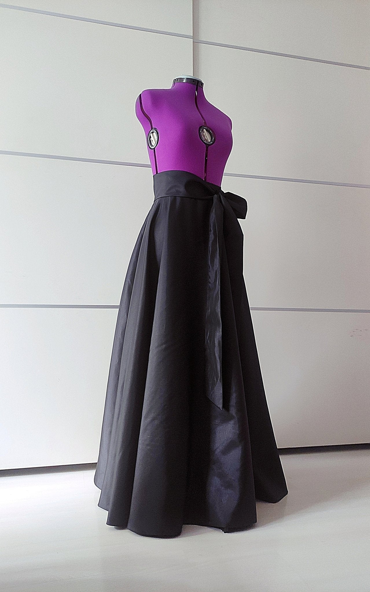 Long Black Taffeta Skirt: A - Line, Floor - Length, with Pockets and Soft Tie Bow Made - to - measure - Made To Measure By Asya Kolarova