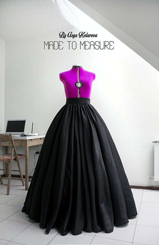 Long Black Taffeta Skirt with Gathers and Hoops Underskirt (Crinoline) Made - to - measure - Made To Measure By Asya Kolarova