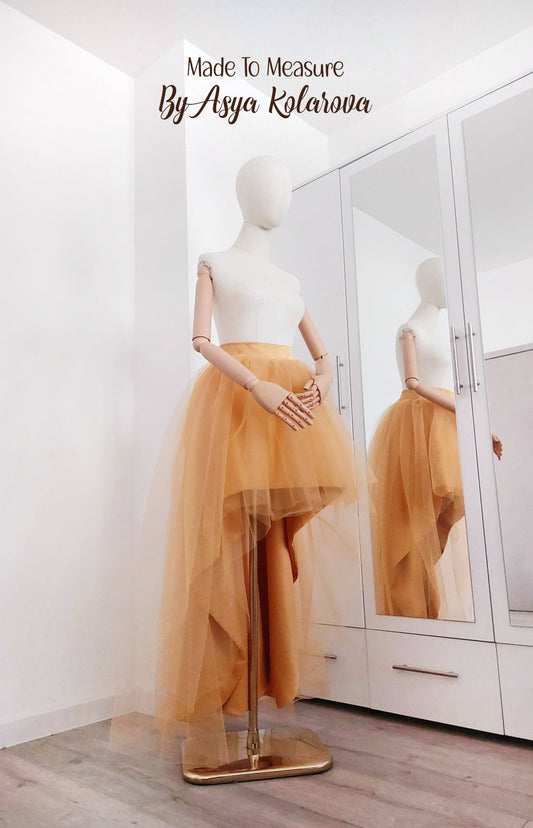 Luxury High Low Tulle Skirt – Puffy Asymmetrical Wedding Tutu with Satin Base – Custom Made Formal Skirt in Golden Ochre Bridesmaid Skirt - Made To Measure Skirts By Asya Kolarova