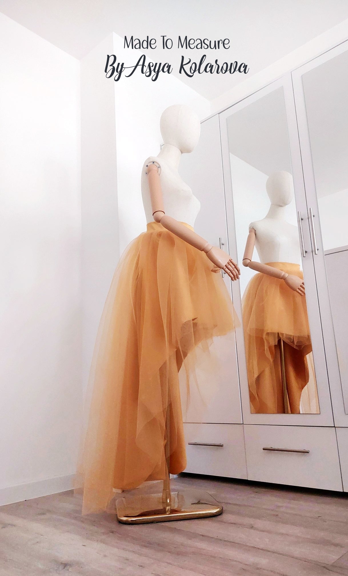 Luxury High Low Tulle Skirt – Puffy Asymmetrical Wedding Tutu with Satin Base – Custom Made Formal Skirt in Golden Ochre Bridesmaid Skirt - Made To Measure Skirts By Asya Kolarova