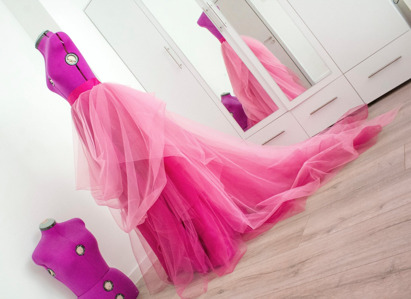 Ombre Tulle Skirt with Cathedral Train - Magenta & Hot Pink Custom Made Wedding Skirt Bridal Photo Session Romantic Photoshoot - Made To Measure By Asya Kolarova