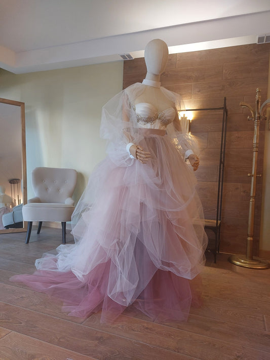 Ombre Tulle Wedding Separates: Corset with Gold Lace, Puffy Sleeves - Made To Measure Skirts By Asya Kolarova
