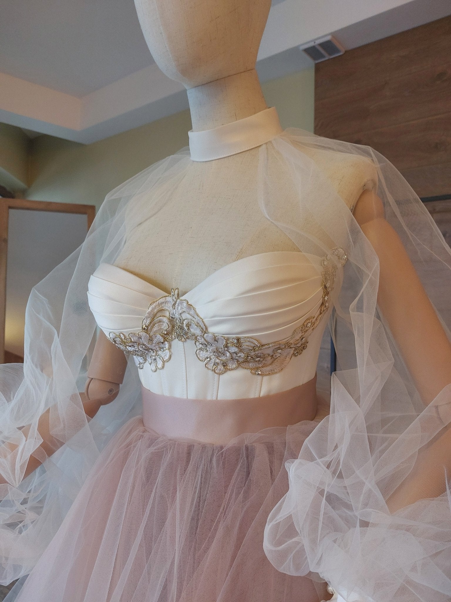 Ombre Tulle Wedding Separates: Corset with Gold Lace, Puffy Sleeves - Made To Measure Skirts By Asya Kolarova