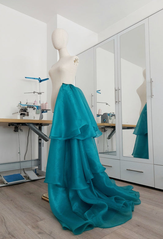 Organza Side Skirt Teal Blue Overskirt with Dramatic Layers Skirt in Floors Formal Wrap Skirt for Prom Gala Photoshoots & Weddings - Made To Measure Skirts By Asya Kolarova