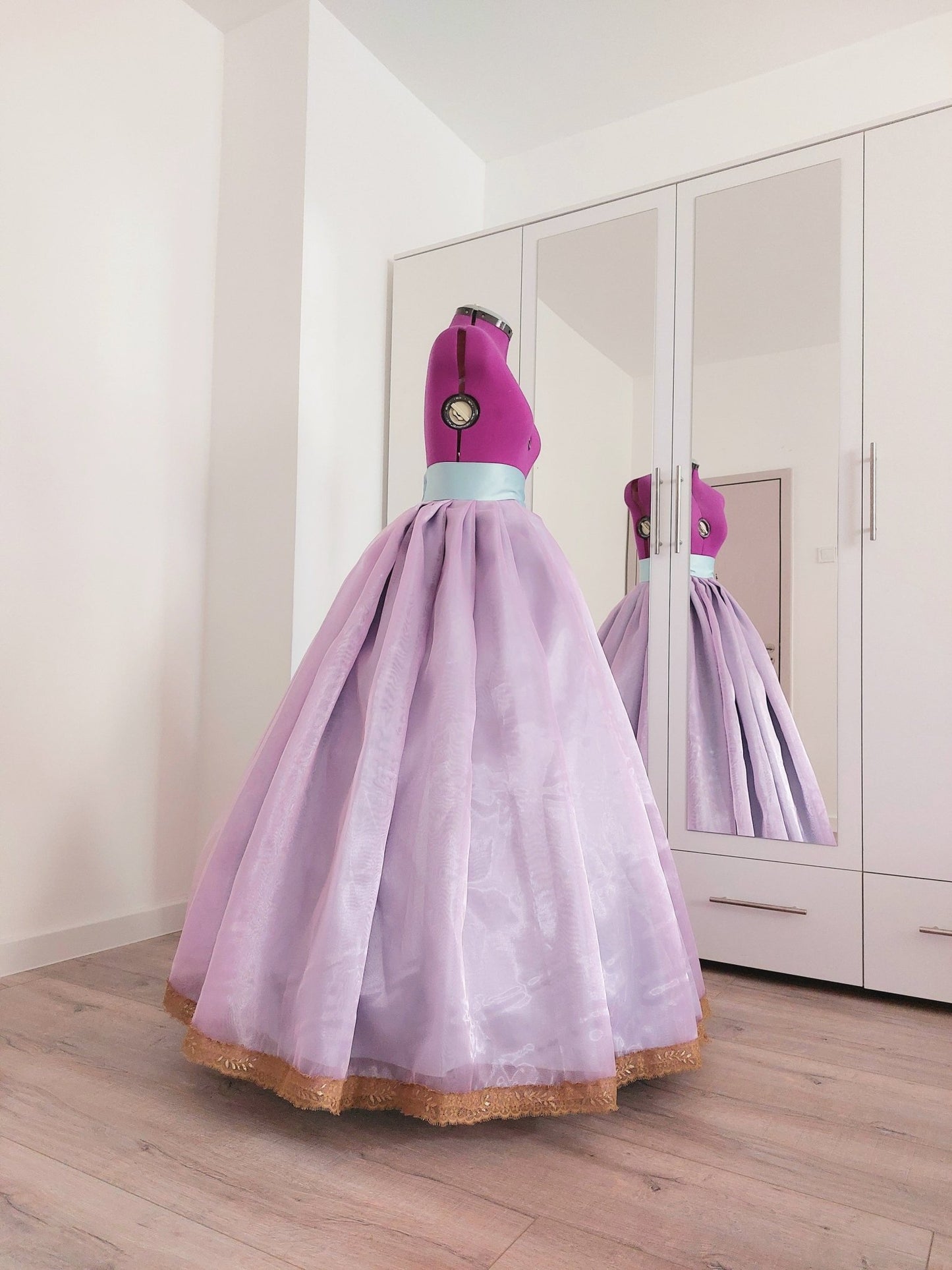 Organza Skirt with Satin Underlayer, Gold Lace Trim and Pleats - Wedding, Ball Gown, Special Occasion, Hoops Underskirt, Custom Made - Made To Measure By Asya Kolarova