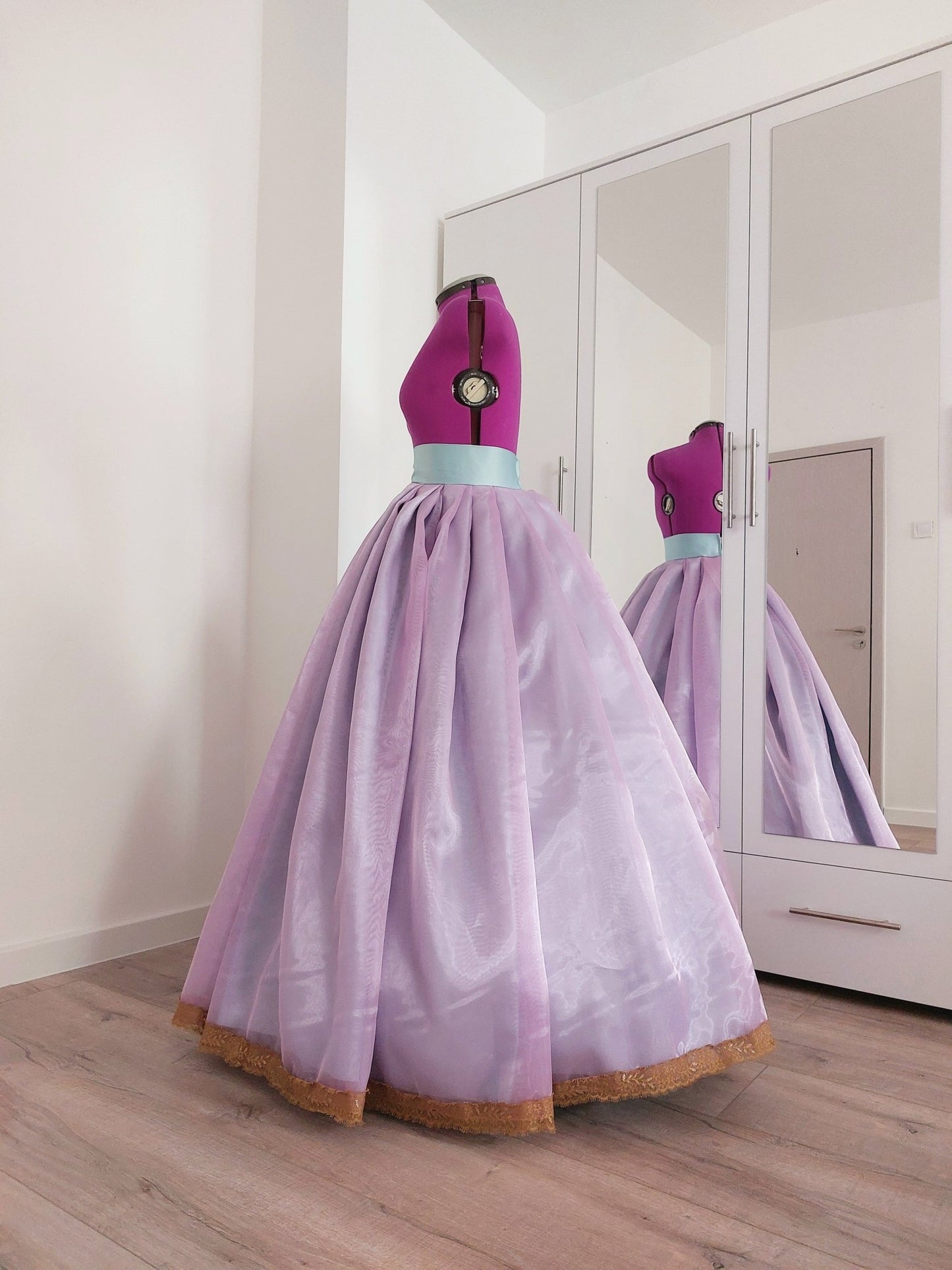 Organza Skirt with Satin Underlayer, Gold Lace Trim and Pleats - Wedding, Ball Gown, Special Occasion, Hoops Underskirt, Custom Made - Made To Measure By Asya Kolarova